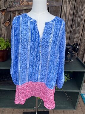 XL Retro look vintage style soft peasant  top in mixed fabrics/blue and red